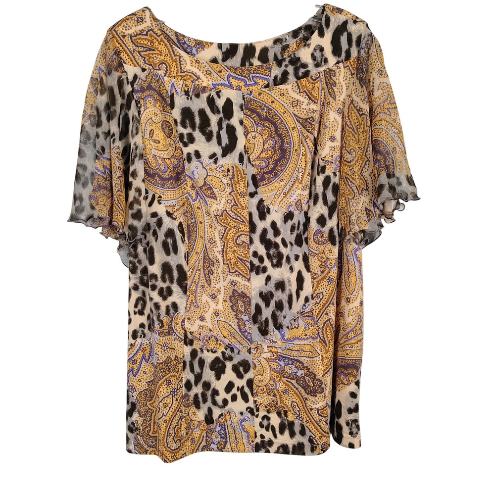 Simonton Says Womens 1X Leopard Paisley Flutter Sleeve Top Multicolor Mobwife